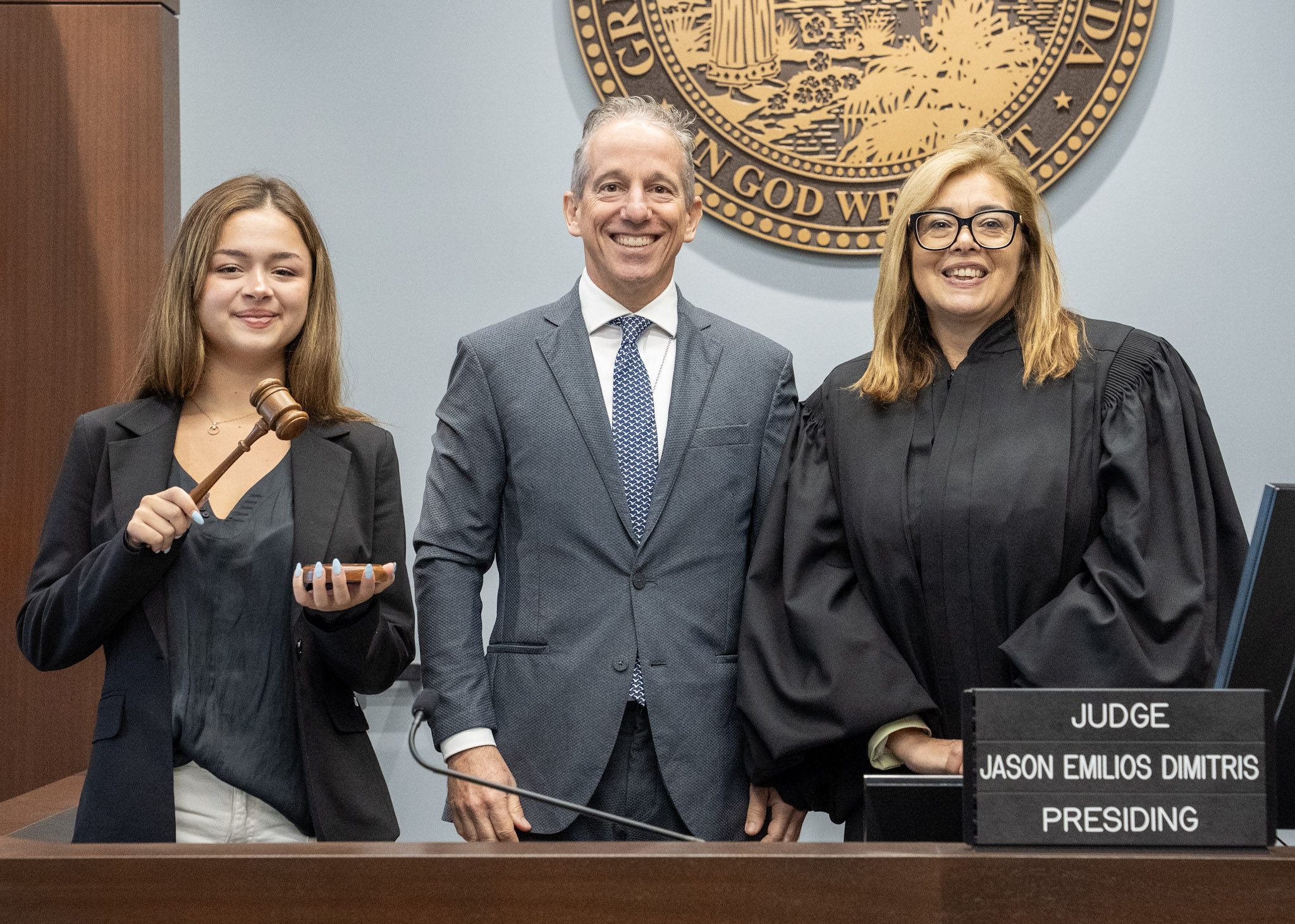 Judges Alicia Garcia Priovolos and Marlene Fernandez‑Karavetsos, and Jason Dimitris Welcome Visitors from Greece